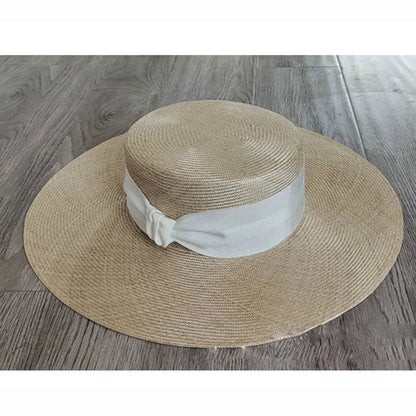 Sombreros de paja de sisal de alta calidad y diseño personalizado para mujer, con lazo, ala ancha grande, informal, con parte superior plana