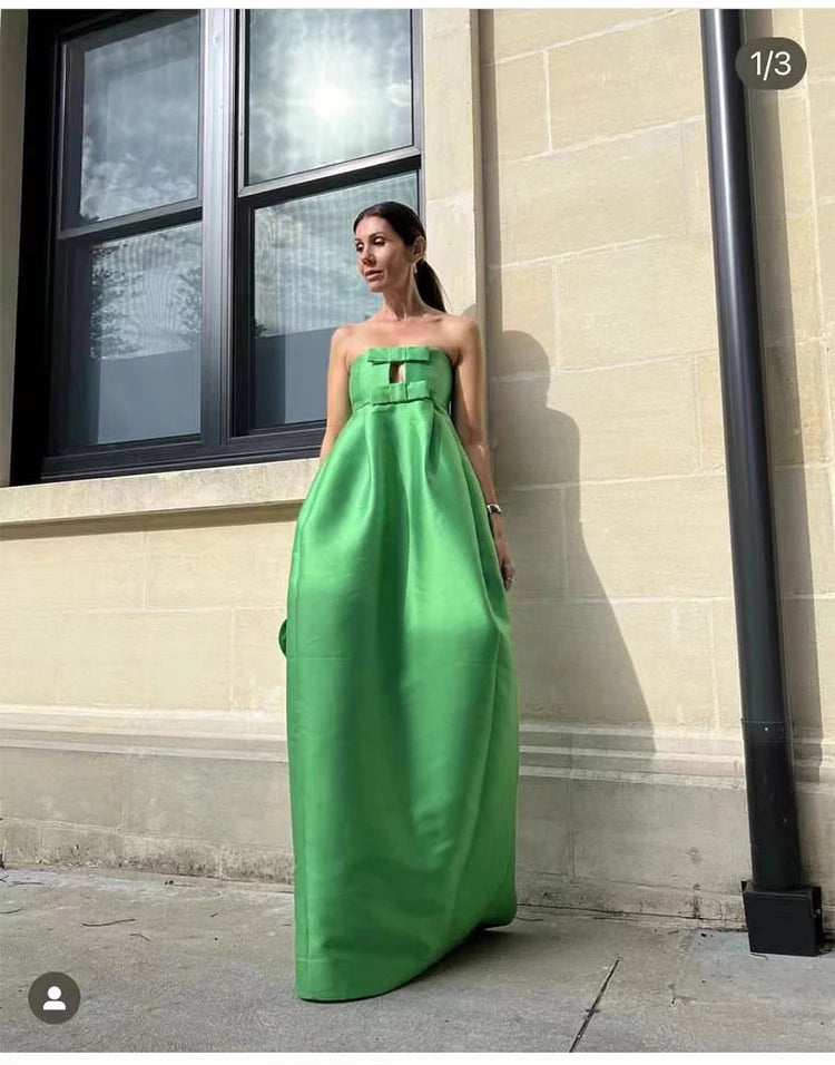 Robe longue en satin de soie mélangée verte avec nœud, élégante, sans bretelles, froncée, forme cocon, sur mesure, pour événement, occasion formelle