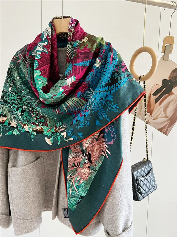 Women Blanket Scarf Shawl Cape 70% Wool 30% Silk Double-sided Printed Wraps for 2023 Autumn Winter