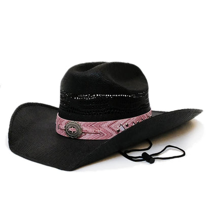 Chapeau de soleil en paille dure pour femme avec ceinture en cuir rose ajouré Yellowstone, chapeau de plage à large bord, style western américain, style cow-boy, 55-61 cm