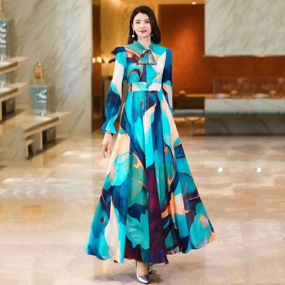 New Women Spring Summer Chiffon Dress Fashion Lace-up Bow Long Sleeve Slim Mid-Calf Dress Elegant Flowing Print Long Dress