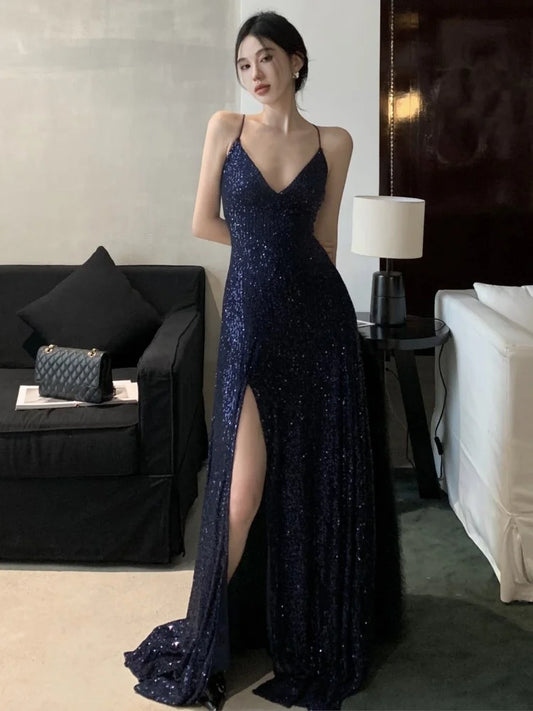 Women's Backless V-Neck Split Maxi Dress Sexy Slim Evening Gown Luxury Dresses Fashion Robe Birthday Party Spring Autumn New