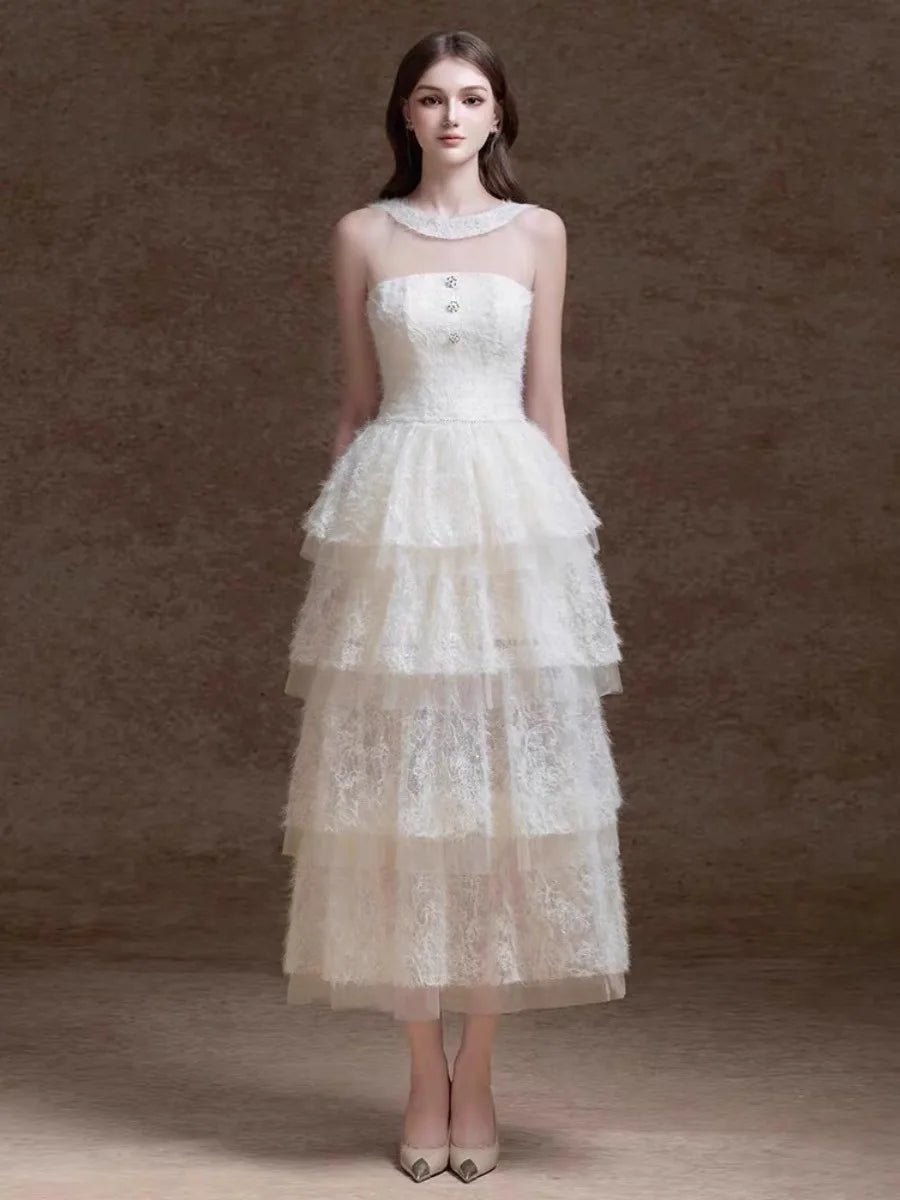 24 Designer Fashion Temperament Sweet Cake Dresses Princess Style Banquet Strapless Dress Luxury Party Lace Women's Long Dresses