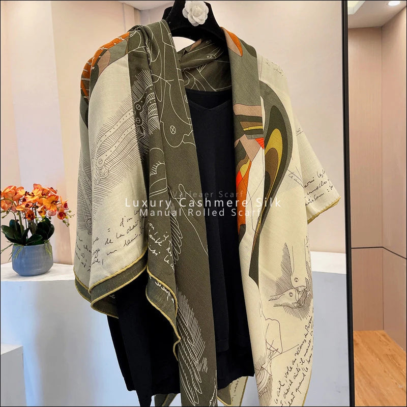 Luxury Large Wool Scarf Women Hand Rolled Silk Scarfs Rolling Edge Top Stole Cape Horse Print Brand Design Big Warm Bandanas