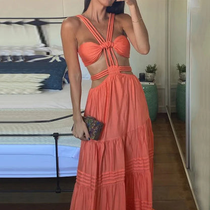 Ellafads Femmes Robes Longues Été Mode Sexy Sangle Sans Manches Dos Nu Évider Plissé Solide Plage Robe De Soirée Streetwear