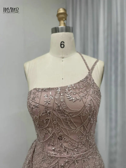 MYMB Robe de soirée de luxe rose à une épaule sirène fendue haute avec traîne latérale Sxey Spaghetti Strap Robe de soirée perlée