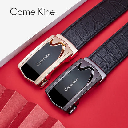 Ceintures pour hommes ComeKine Ceinture en cuir de vachette avec boucle automatique Ceinture de luxe légère Marque haut de gamme Coffret cadeau Carte de vœux Ghostwriting