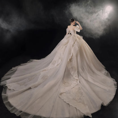 Jancember Vestidos de novia románticos de primera calidad para mujer Organza Escote barco Mangas cortas Lentejuelas Cola capilla Vestido de novia