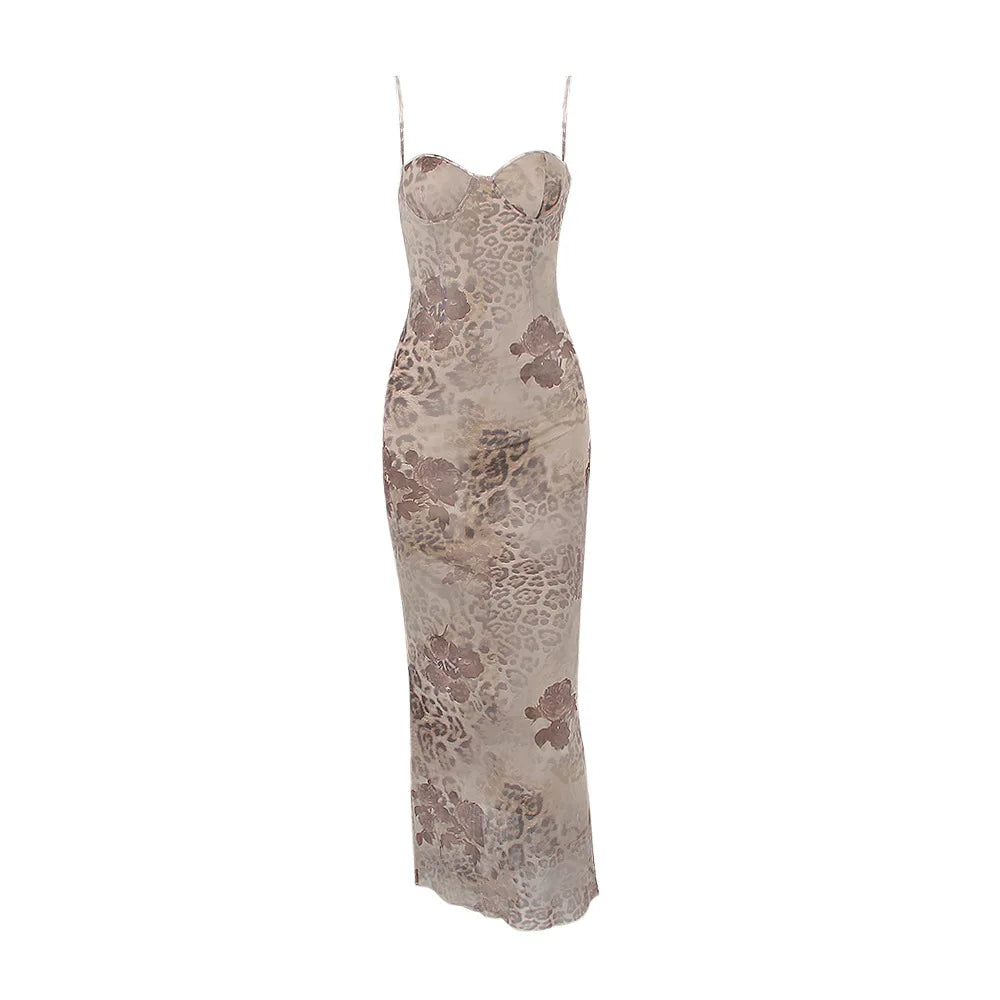 Vestido largo de verano de malla Oligai, elegante, vintage, con estampado de leopardo y tirantes finos, para invitadas de boda, vestidos sexis para fiestas de cumpleaños para mujer