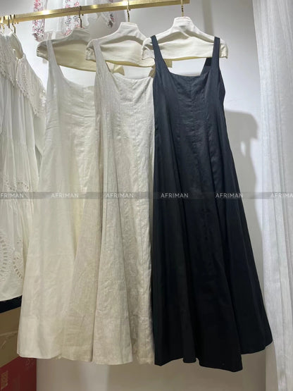 Women Elastic Smocking Chest 100% Linen Elegance Simple Sleeveless A-line Long Dress