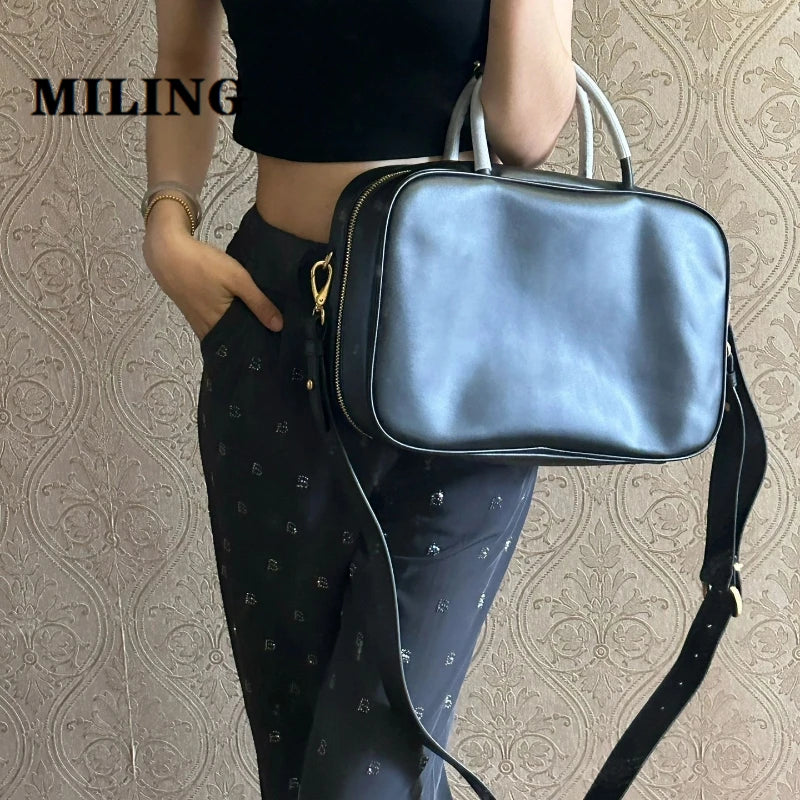 Women Retro Cowhide Bowling Bag Vintage Top-handle Large Capacity Bag Unisex Gold-tone Zip Square Handbag With Shoulder Strap