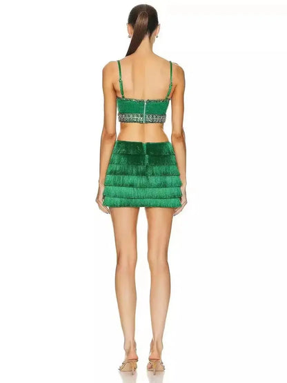 Brand Summer New 2024 INS Celebrity Sexy Tassel Green Bodycon Bandage Dress Elegant High Street Evening Mini Party Dress