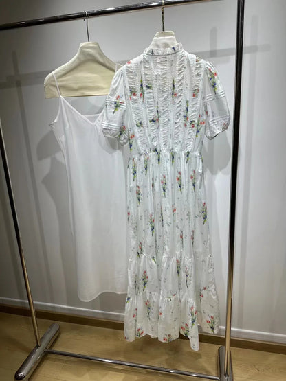 Vestido largo de fiesta elegante con mangas cortas, cuello con volantes, estampado de flores y estilo pradera para mujer