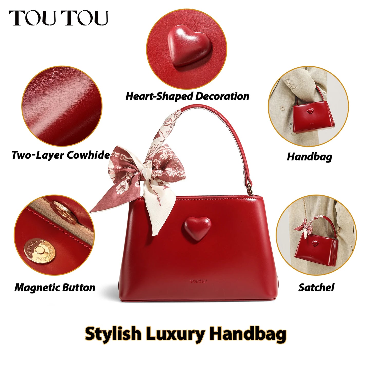 TOUTOU Bolso de mano para mujer, de piel de vaca, pequeño bolso de mano para boda, para novias, para uso diario, bolso cruzado de un solo hombro, color rojo