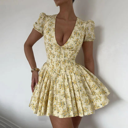 Vintage Puff Sleeve V Neck Short Dresses Summer Women Sexy Yellow Floral Print Elegant A Line Pleated Dress Party Beach Vestidos