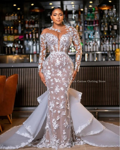 Robe de mariée sirène à broderie florale blanche élégante à manches longues en tulle transparent à train doux pour femmes africaines pour occasions formelles