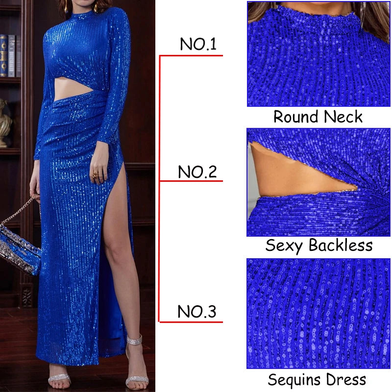 Robe longue à paillettes bleu royal 2024 pour femmes, robe de bal de mariage brillante, manches longues, sexy, ajourée, robes formelles