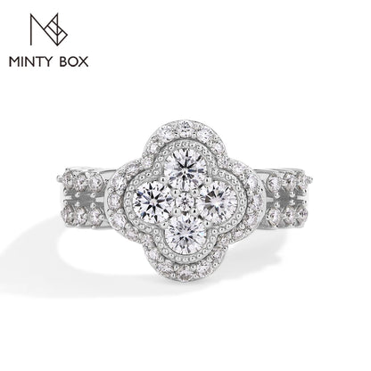 MINTYBOX Bague en or blanc 18 carats avec diamant et moissanite pour femme en argent sterling S925, fiançailles, mariage, bijoux fins à quatre feuilles