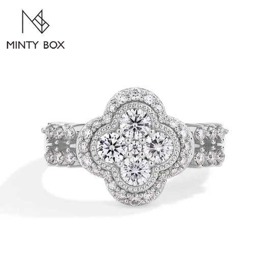 MINTYBOX Bague en or blanc 18 carats avec diamant et moissanite pour femme en argent sterling S925, fiançailles, mariage, bijoux fins à quatre feuilles