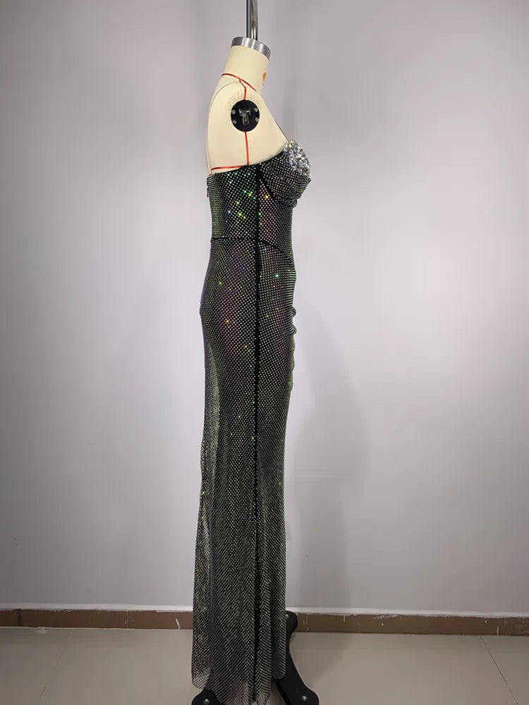 Robe longue d'été sexy sans bretelles pour femmes, tenue de soirée élégante, noire, avec cristaux scintillants, pour soirée, spectacle sur scène, 2024