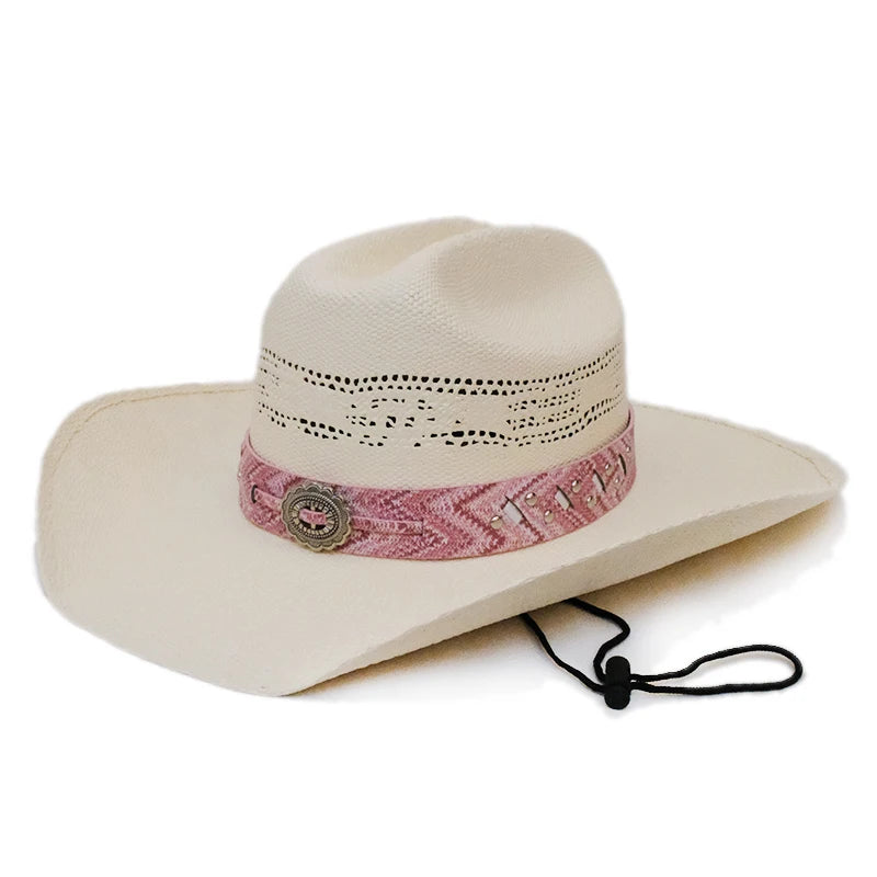 Sombrero de vaquero con ala ancha estilo occidental americano con cinturón de cuero rosa para mujer, paja dura ahuecada, estilo playero, de 55 a 61 cm