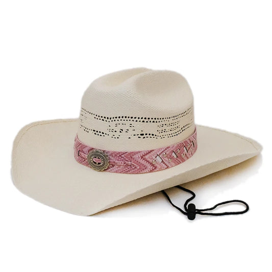 Chapeau de soleil en paille dure pour femme avec ceinture en cuir rose ajouré Yellowstone, chapeau de plage à large bord, style western américain, style cow-boy, 55-61 cm