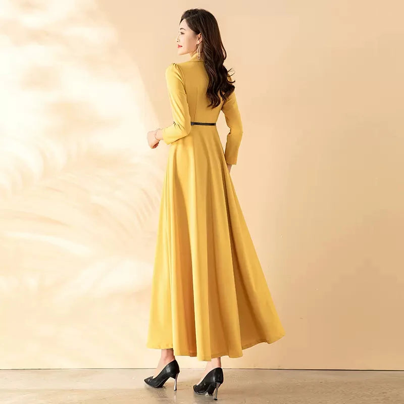 Nuevo vestido largo de primavera y otoño para mujer, elegante vestido ajustado de manga larga con cuello de traje a la moda, vestido amarillo sencillo y largo