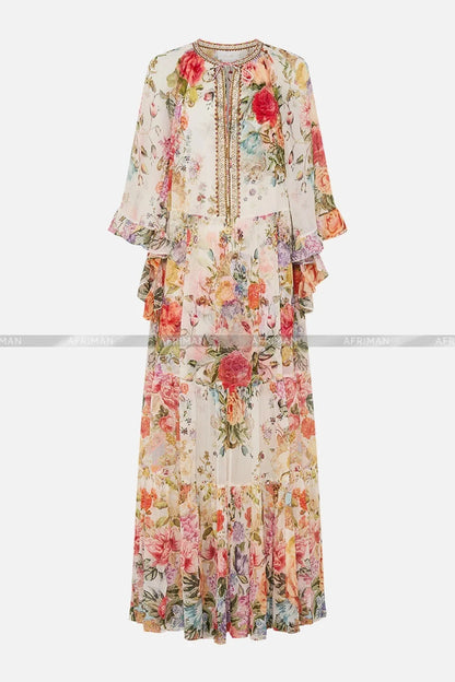 Women Round Neck Crystal Beaded Flower Print Big Flare Sleeve Silk Loose Long Dress