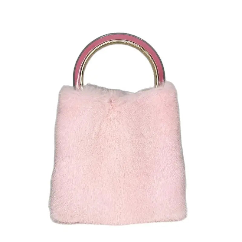 Bolso de mano de piel de lujo importado para mujer, bolso cuadrado pequeño de piel de visón a la moda, bolso elegante de invierno con asa acrílica para mujer