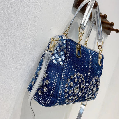 Bolso de mezclilla de moda para mujer, bolso de lona cuadrado con diamantes, bolso tejido, bolso de mensajero de moda, bolso de mano para mujer, bolsos de lujo