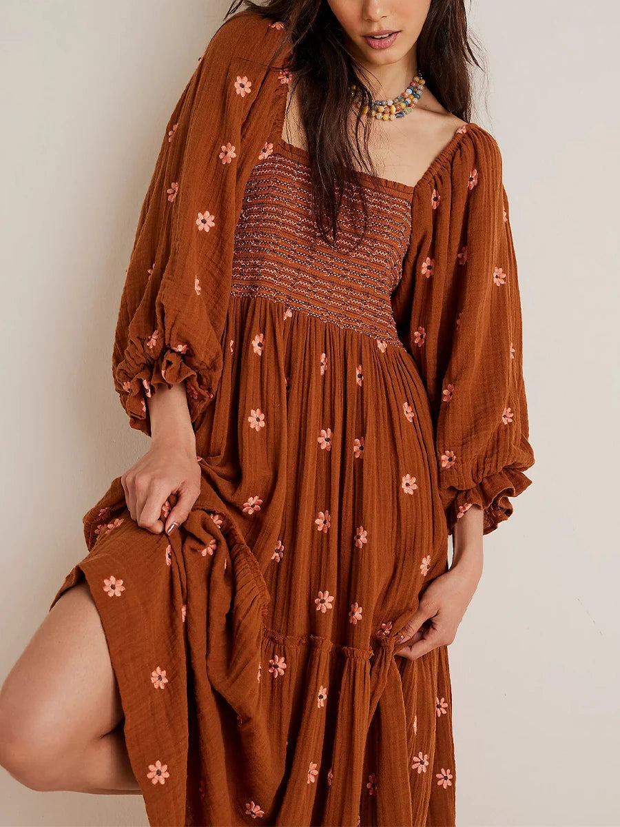 Women's Flower Embroidered Long Dress Bodycon Lantern Sleeve Square Neck Tiered Flowy Dress Bohemian Summer Beachwear Dresses