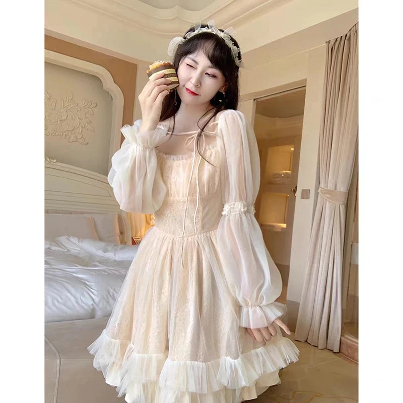 Robe Lolita Kawaii à manches longues pour femme, mini robe décontractée vintage, style féerique japonais, esthétique, une pièce