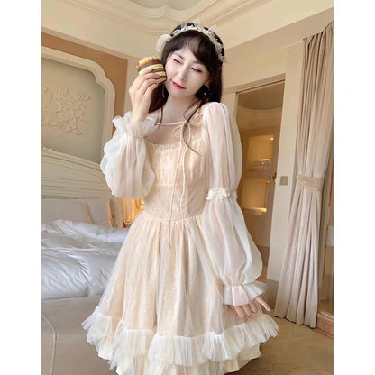 Vestido Lolita Kawaii de manga larga para mujer, vestido mini informal vintage, vestido de una pieza estilo estético de hada japonesa para mujer