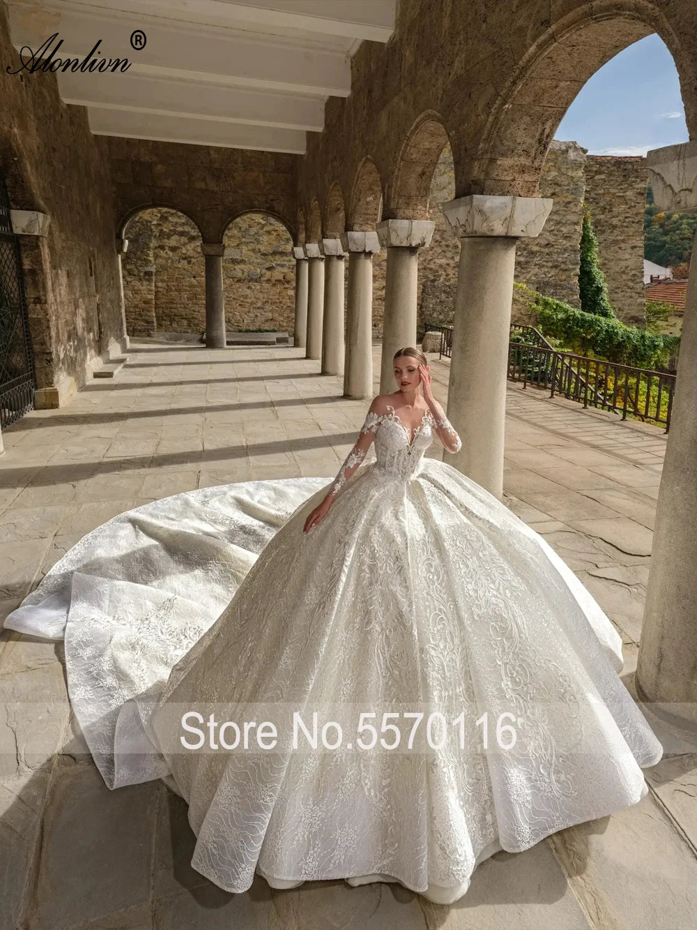 Alonlivn Vintage Very Puffy Ball Gown Wedding Dress With Embroidery Appliques Lace O-Neck Full Sleeves Bridal Gowns