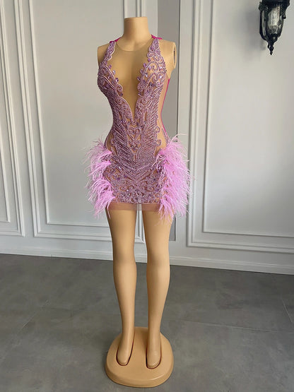 Pink Rhinestone Short Prom Dresses 2023 For African Black Girls Birthday Cocktail Exclusive Beads Diamond Women Party Gowns