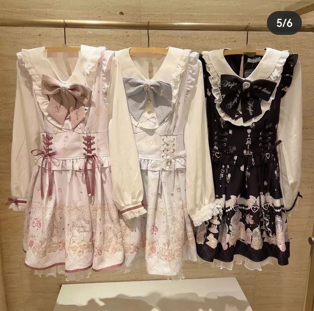 Vestido de princesa Lolita de manga larga ajustado con lazo grande y estampado de conejo de dibujos animados para mujer, estilo japonés dulce, primavera 2024