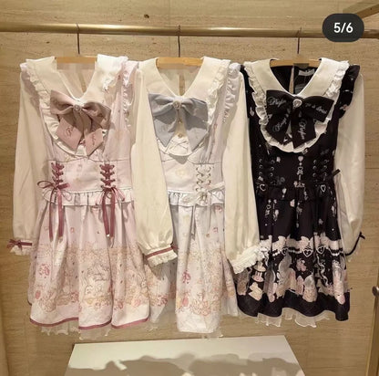 Vestido de princesa Lolita de manga larga ajustado con lazo grande y estampado de conejo de dibujos animados para mujer, estilo japonés dulce, primavera 2024