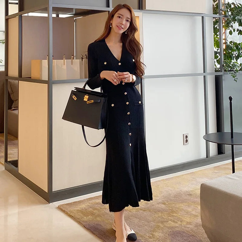 Vintage Korean Maxi Dresses for Women Party Long Sleeve V-neck Mermaid Dress Elegant Fashion Ladies Vestidos Femme Autumn 2023