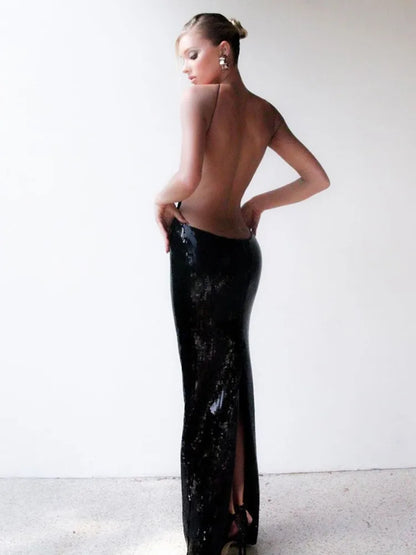 Robe longue d'été de luxe sexy dos nu en maille noire à paillettes pour femmes, robe élégante et scintillante pour soirée et club