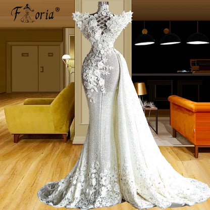 Gorgeous Dubai Woman Wedding Evening Dress Flowers Appliques Beads Mermaid Formal Party Gown Special Occasion Vestidos de Fiesta