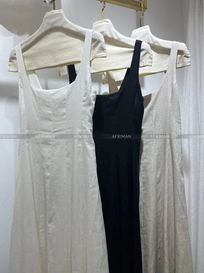 Women Elastic Smocking Chest 100% Linen Elegance Simple Sleeveless A-line Long Dress