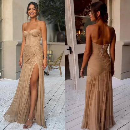 Vestidos largos de gasa fruncidos con escote en forma de A y escote en forma de corazón para ocasiones especiales