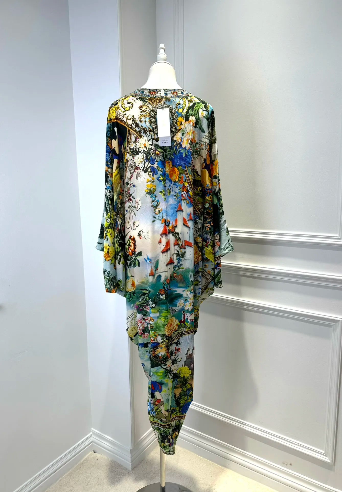 Robe longue de vacances à manches évasées et col en V pour femme, 100 % soie, avec perles et imprimé floral