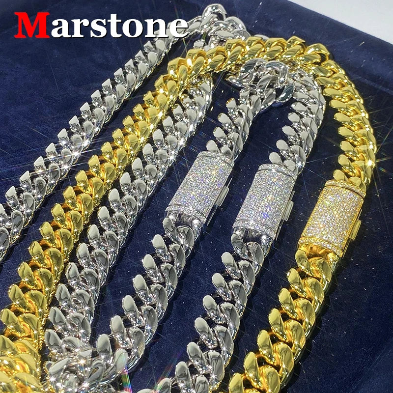 8MM Moissanite 925 Sliver Buckle Stainless Steel Cuban Men's Chain Plated 16K White Gold Bracelet Necklace for Men