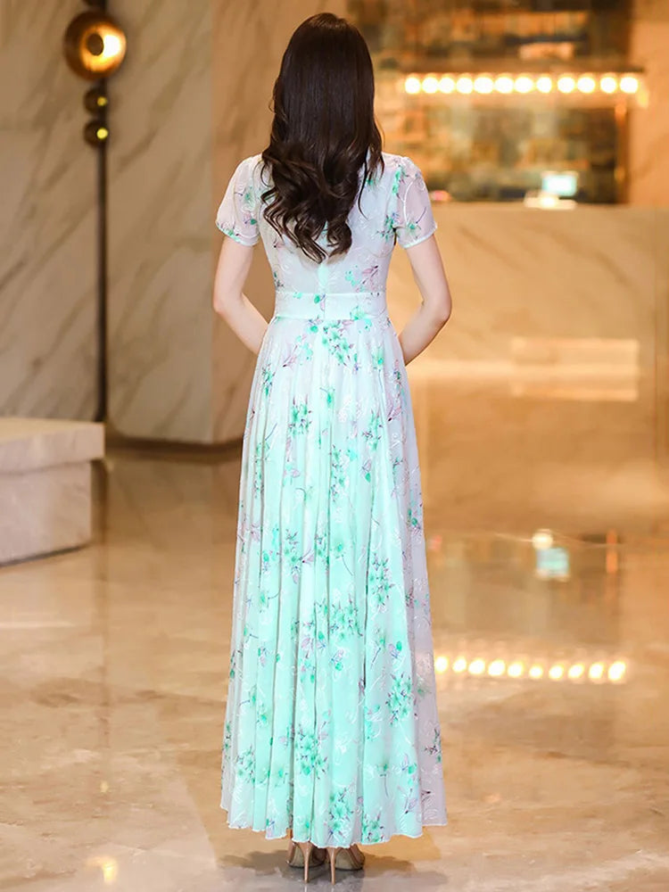 New Women Summer Chinese Style Long Dress Fashion Chi-pao Collar Short Sleeve Ankle-Length Dress Elegant Green Jacquard Dress