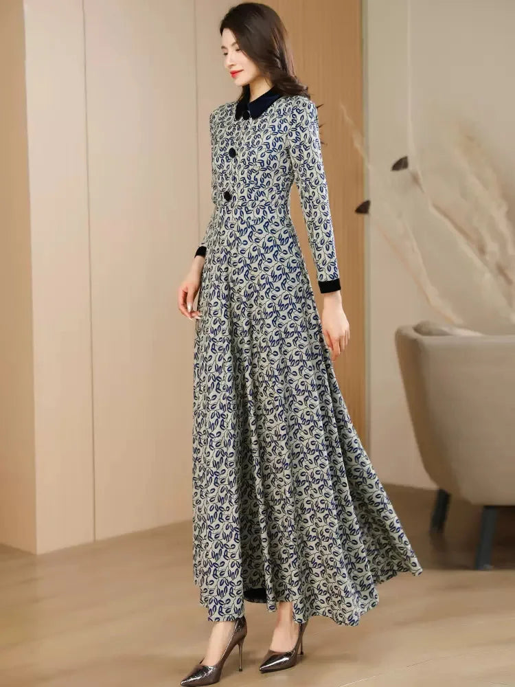 New Women Spring Autumn Print Dress Fashion Peter pan Collar Long Sleeve Slim Dress Elegant Exquisite Overlength Dress