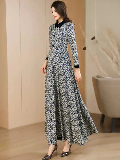 New Women Spring Autumn Print Dress Fashion Peter pan Collar Long Sleeve Slim Dress Elegant Exquisite Overlength Dress