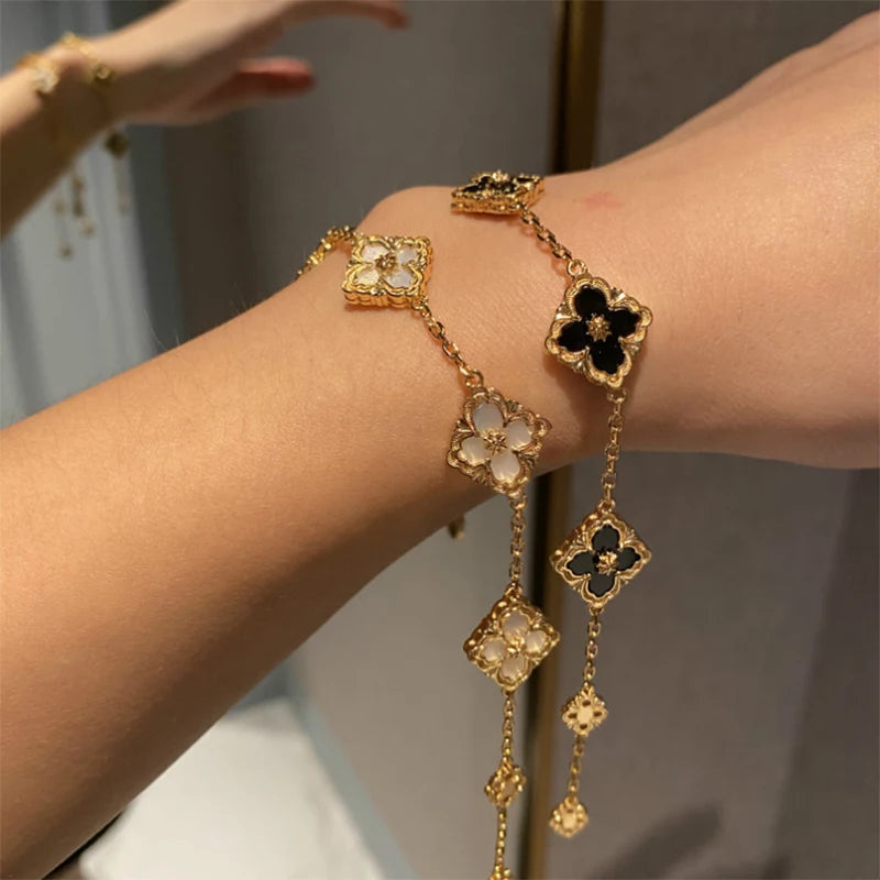 Pulsera CClucky con dijes de hojas de trébol chapadas en oro y plata de ley 925 que no se deslustra para mujer, joyería de lujo