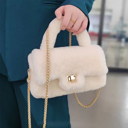 Sac en laine neuve Sac en fourrure véritable et fourrure intégrée Sac en peluche Sac à main Sac à bandoulière à chaîne pour femme Petit sac à main parfumé