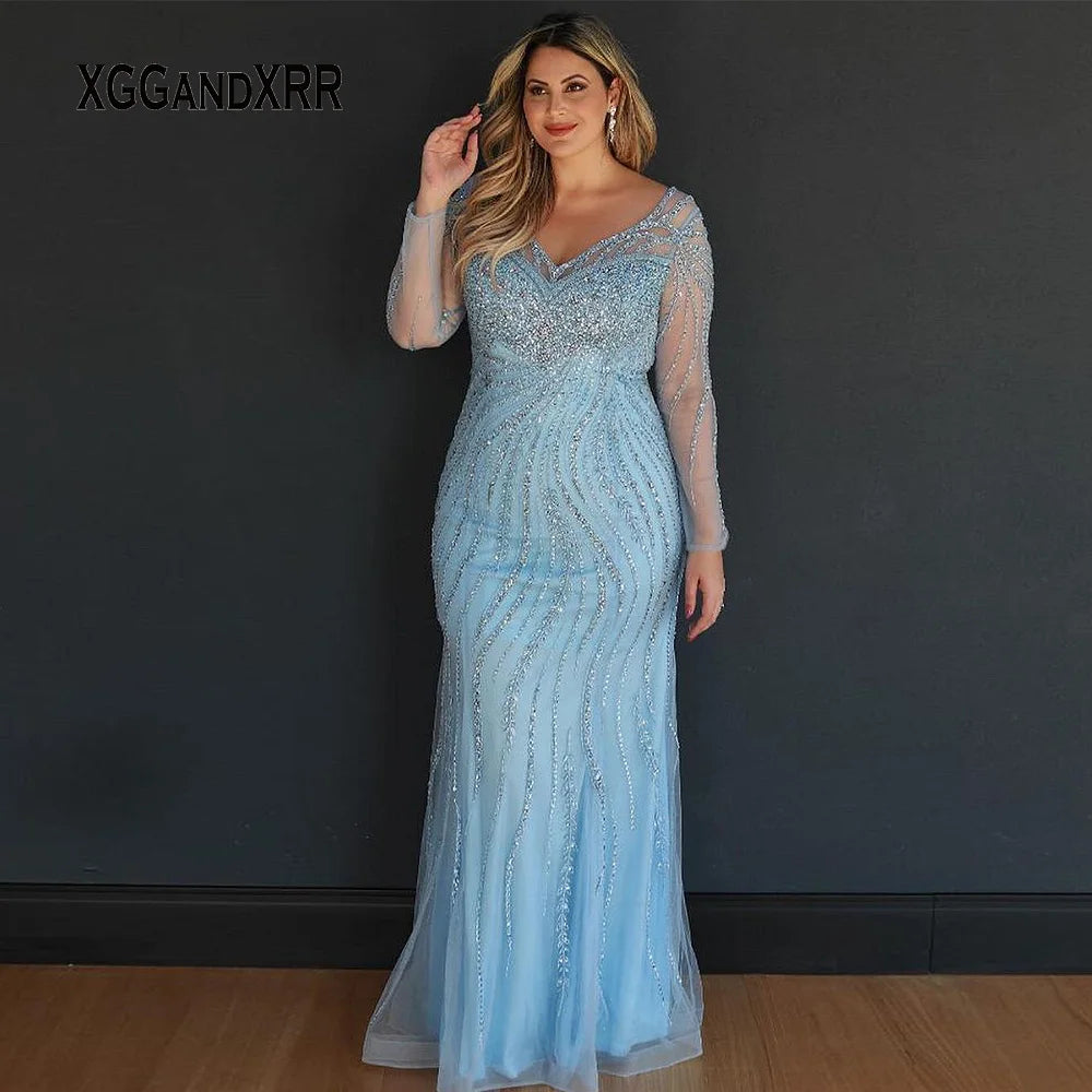 Sparkly Blue Long Sleeves Plus Size Mother Of Bride Dress 2024 V Neck Heavy Beading Elegant Mermaid Evening Party Gown Woman